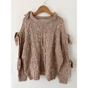 Project Naadam Womens XS Cold Shoulder Tie Cable Knit Sweater Tan Marled